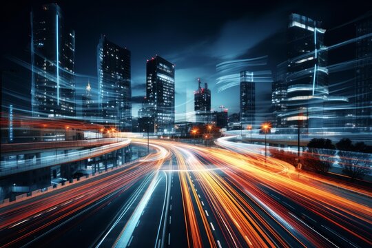 City highway at night showing building architecture and vehicle light trails