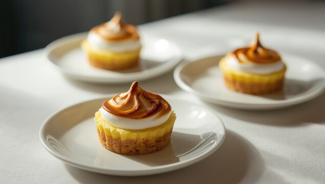 Delicate lemon tartlets adorned with caramelized meringue on pristine white dishes in ambient light