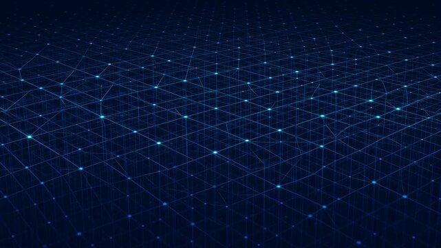 Futuristic glowing network grid showing interconnected data points for global information technology and communication connectivity systems