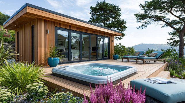 Contemporary garden room with cedar cladding and large sliding doors connecting to a wooden outdoor deck with a hot tub and lounge chairs, with copy space