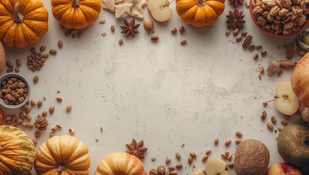 Fall season baking preparation with pumpkins apples nuts and spices on white tabletop with copy space