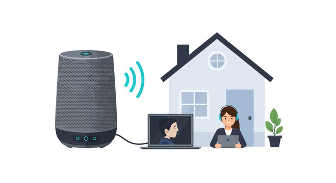 Smart speaker connected to laptop for home office work and communication