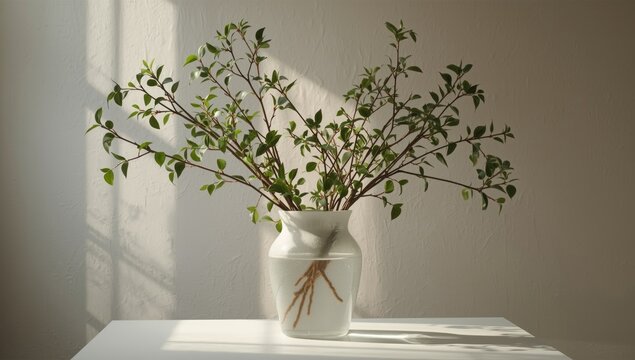 Graceful white jar filled with water and spring ruscus branches during early morning