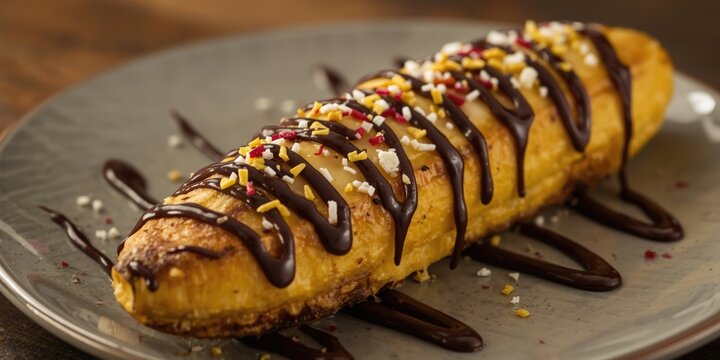 Grilled banana served on a plate with cheese topping, chocolate drizzle, and decorative sprinkles