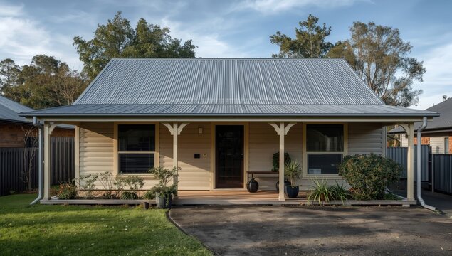 Colorbond metal roof with gutter guard on veranda highlighting driveway and available copy space