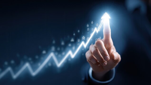A hand points to a glowing upward trend line with scattered small icons