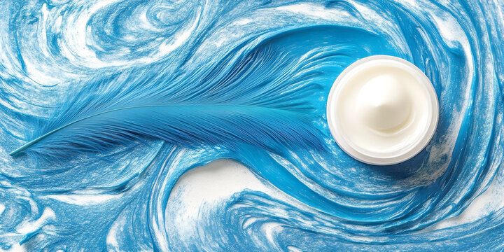 a white cosmetic cream jar nestled beside a soft blue feather on a beautifully swirled, dynamic background of vibrant blue paste and textures