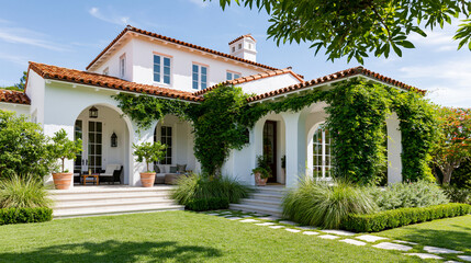 Fototapeta premium Expansive Mediterranean-style villa with a terracotta tiled roof, arched doorways, climbing green plants, and a pristine white stucco exterior, with copy space