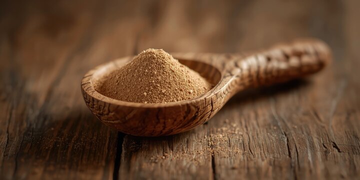 Fine ground nutmeg sitting in a natural wood carved spoon