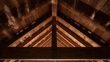 Naklejka premium Detailed view of wooden roof beams in a renovated attic space