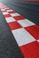Fototapeta premium Closeup red and white racetrack curb on textured asphalt background for motorsport banner and racing design projects