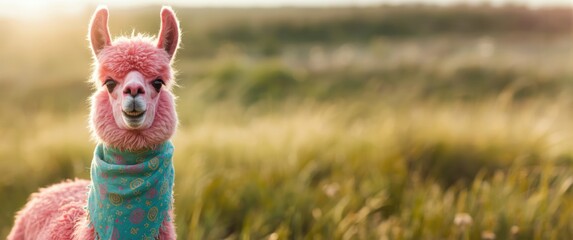 Obraz premium Friendly pink llama with a trendy scarf displaying a joyful attitude