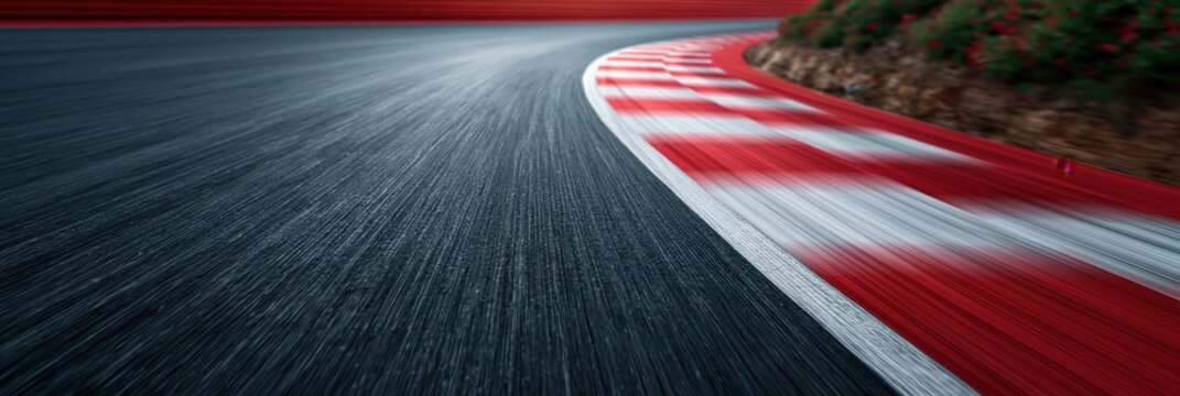 Motion blur racetrack corner with red and white curbstone for racing wallpaper, speed poster and dynamic motorsport background design