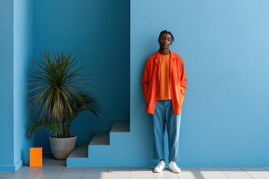 Full length portrait of man in orange jacket standing against blue wall with plant for fashion banner and editorial layout