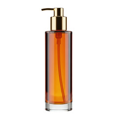Fototapeta premium Amber glass bottle with gold pump dispenser isolated on transparent background