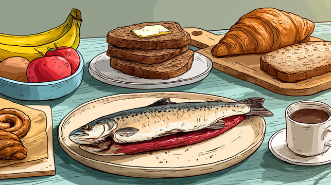 A hearty breakfast scene featuring a whole fish on a plate with various breads and fruits