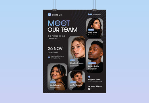 Meet The Team Event Poster Template For Corporate Staff Intro, Speaker Panel, Workshop Flyer & Company Org Chart