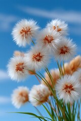 Obraz premium Soft dandelion-like seed puffs against blue sky for spring wallpaper and floral banner background design