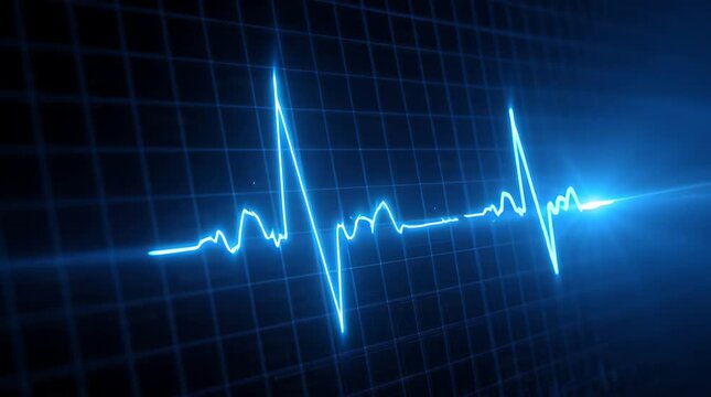 Close-up of a blue electrocardiogram waveform displaying a heartbeat on a digital screen.