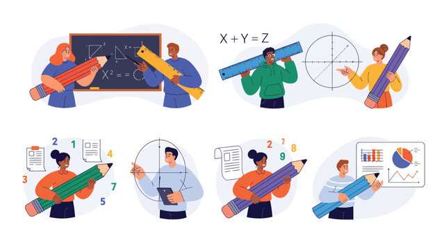 Set of illustrations depicting students and teachers engaged in various math and geometry activities, using large pencils and rulers to solve problems and analyze data.