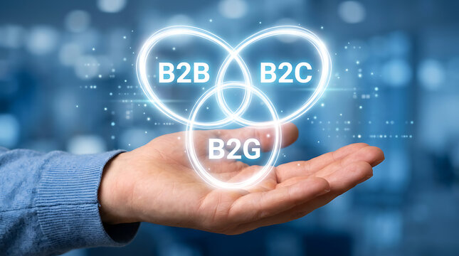 Hand holding glowing hologram showing B2B B2C and B2G business models integration
