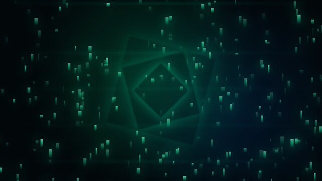Abstract digital data rain with rotating green geometric squares