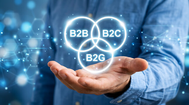 Businessman holding glowing B2B B2C B2G marketing model hologram over his hand