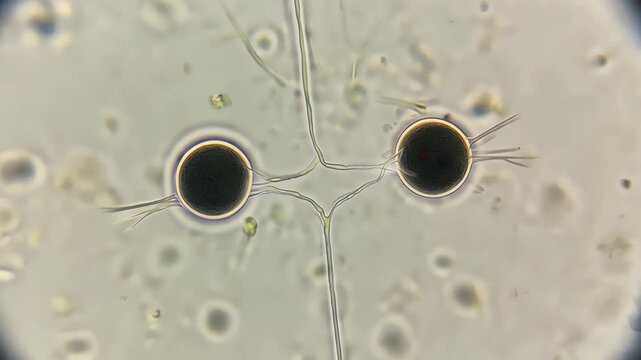 A cell membrane gradually pinching inward during cytokinesis, two daughter cells slowly separating