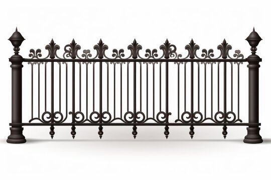 Decorative dark metal fence with classic elegant ornaments protecting and separating
