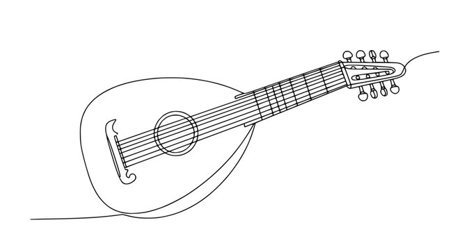 Minimalist continuous line drawing of a mandolin on white background