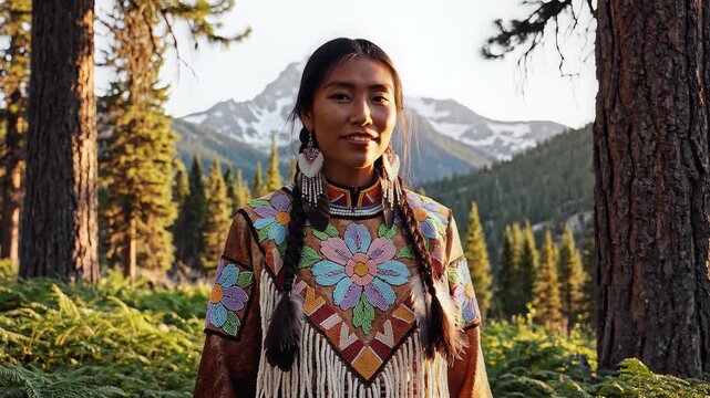 Woman in traditional attire stands in a forest with mountain backdrop