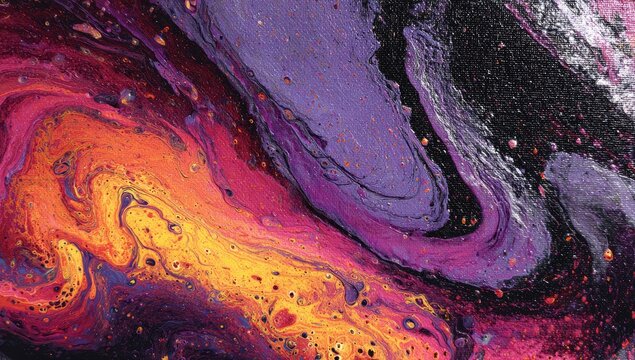 Vibrant cosmic swirls of purple, pink, and yellow paint create a fluid abstract design