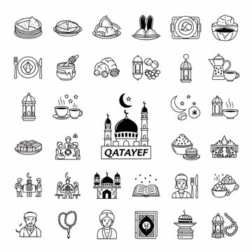 Ramadan Qatayef Icons Set Islamic Symbols Arabic Food Delicious Desserts Lanterns Mosques and Prayer Beads Collection