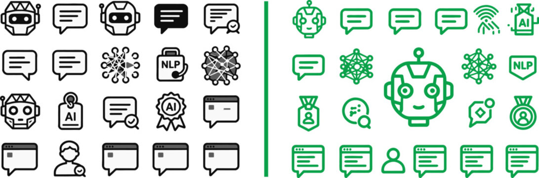 Chatbot and artificial intelligence vector icon set with robot heads, speech bubbles, neural networks, and NLP symbols for tech interface design