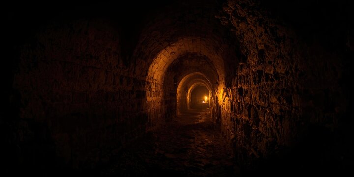 Dark infinite medieval underground tunnels glowing with ancient torchlight and haunting nightmare theme