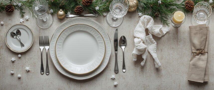 Festive holiday table setup featuring plates cutlery and spoon Christmas top view with copy space