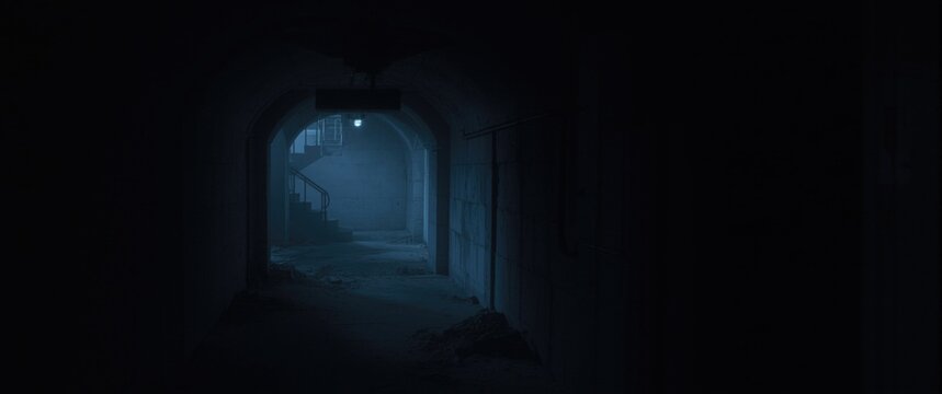 Dim hallway in an abandoned underground bunker portraying a sense of seclusion