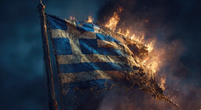 A tattered national flag burns fiercely against a dark, stormy sky