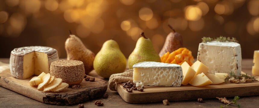 Display of mixed cheeses such as Dorblu and Camembert alongside pears on wooden cutting boards with a warm blurred background