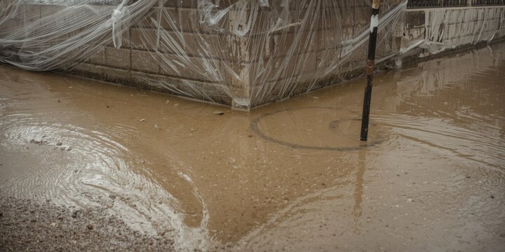 Construction zone flooded with muddy water and plastic cover