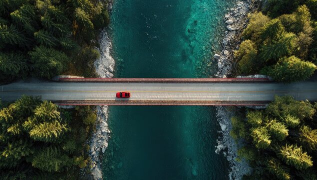 Red car crosses a bridge over a turquoise river, surrounded by evergreen forest