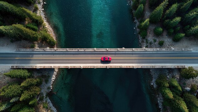 Aerial view of a red car crossing a bridge over a clear, turquoise lake