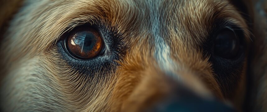 Extreme close up of a carnivorous dog eye featuring fawn fur and visible snout textures