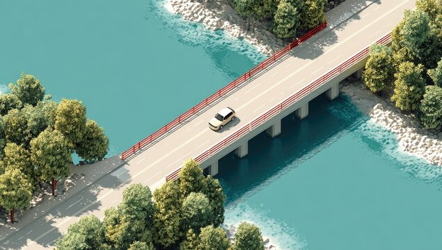 A lone car traverses a modern bridge over a vibrant blue river, surrounded by lush greenery