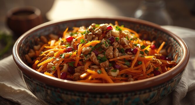 Colorful Moroccan style carrot and nut salad in a ceramic bowl