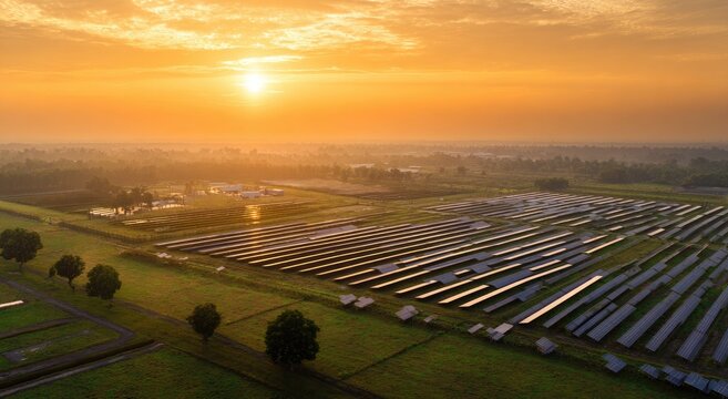 Sunrise over vast solar farm, casting long shadows on green fields