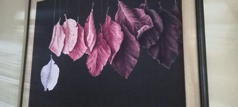 This elegant framed artwork features a row of hanging leaves against a deep black background. The leaves show a beautiful gradient, shifting from soft white and pale pink to rich magenta and dark purp