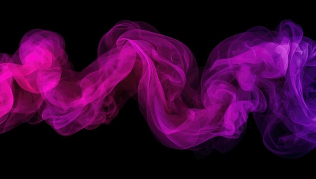 Dense swirling vape smoke in bright pink and purple shades isolated on black background with copy space