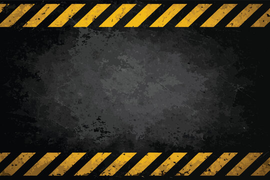 Heavy duty industrial warning background with yellow and black hazard stripes. Grunge caution tape frame on dark scratched metal surface vector illustration. Safety first zone alert sign concept.