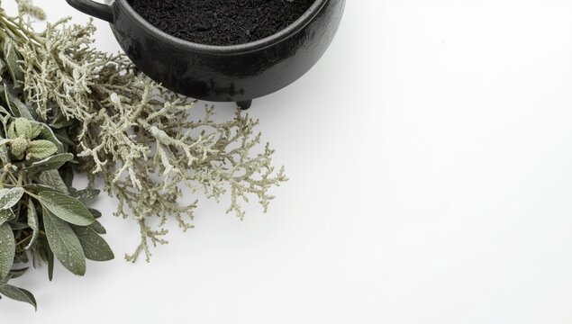 Grouping of botanical items including sage, usnea lichen, and a black cauldron set on a clean white background with copy space